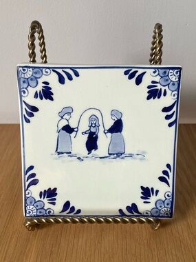 Vintage Delftsblauw Delft Blue and White Ceramic Tile with Jump Rope Folk Scene